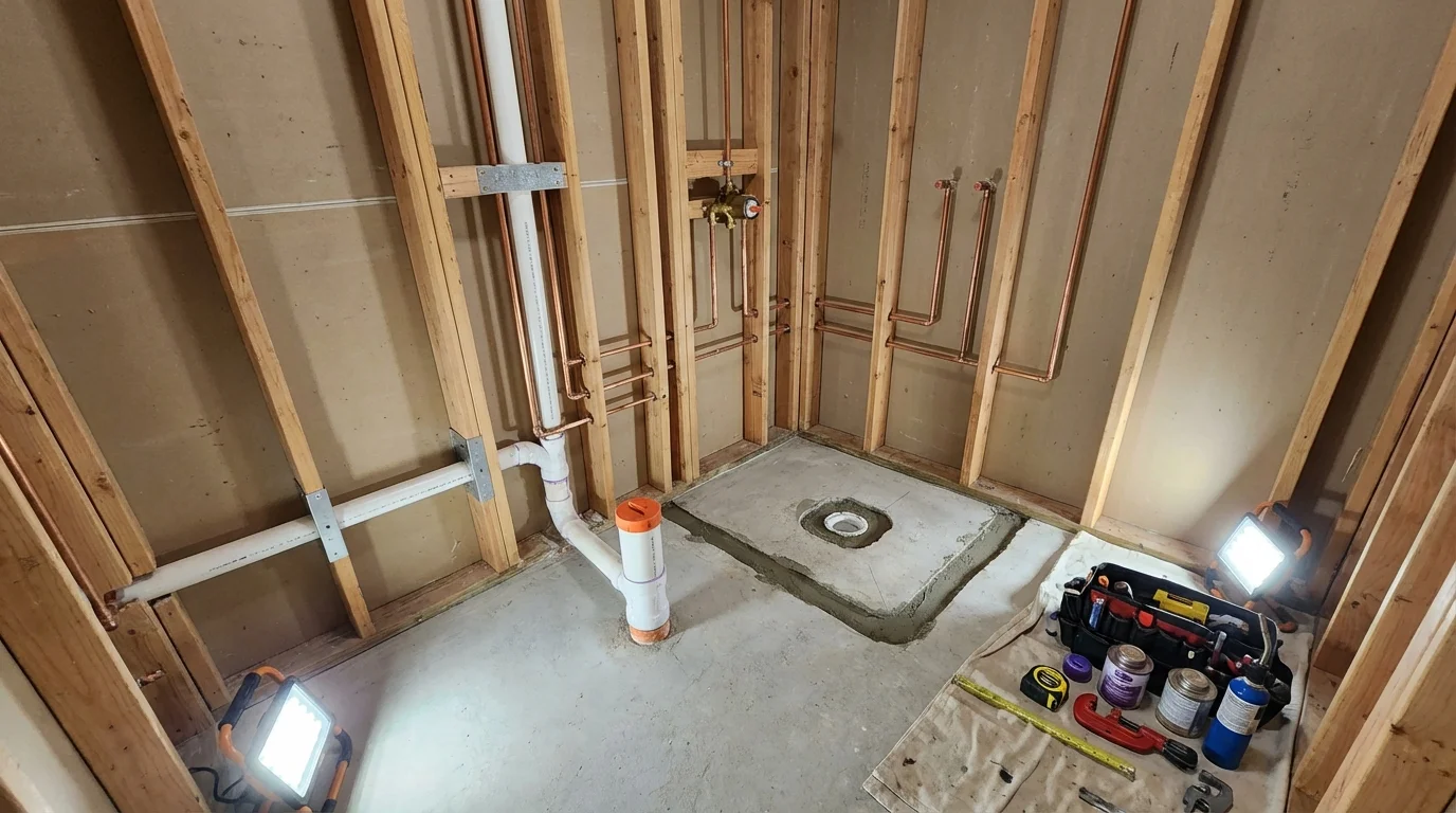 Bathroom rough-in plumbing during remodel by Johns Plumbing LLC in Petersburg