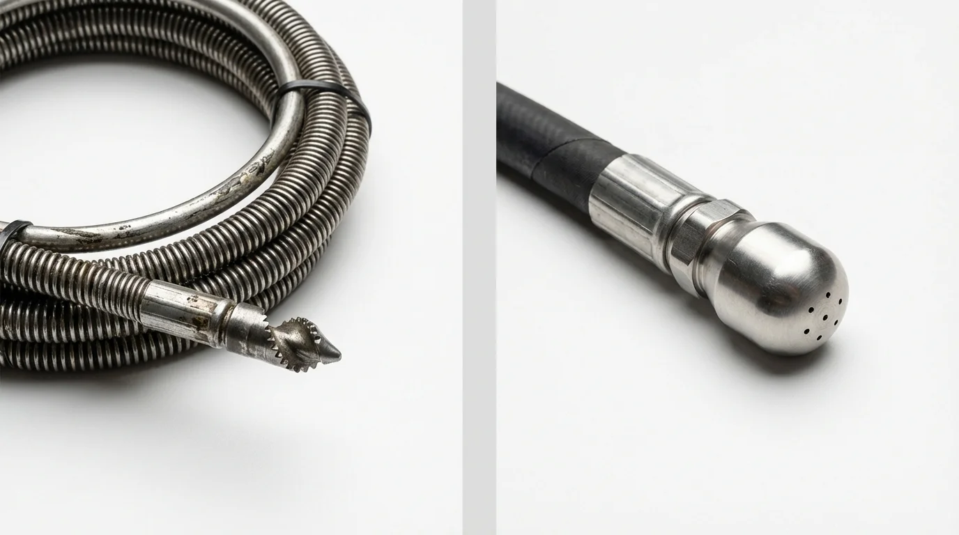 Drain snake cable and hydro jetting nozzle used for drain cleaning in Petersburg, TX