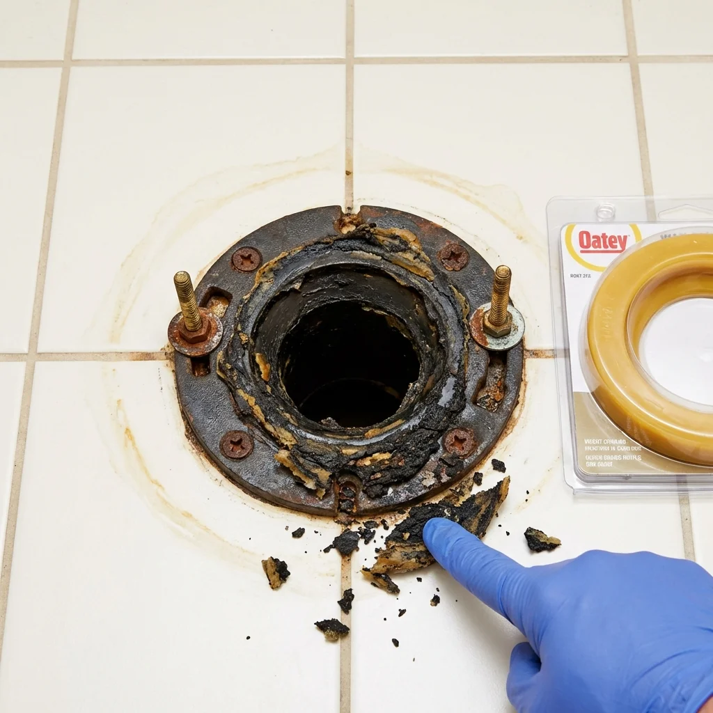 Failed wax ring showing water seepage at the base of a toilet in a Petersburg, TX home