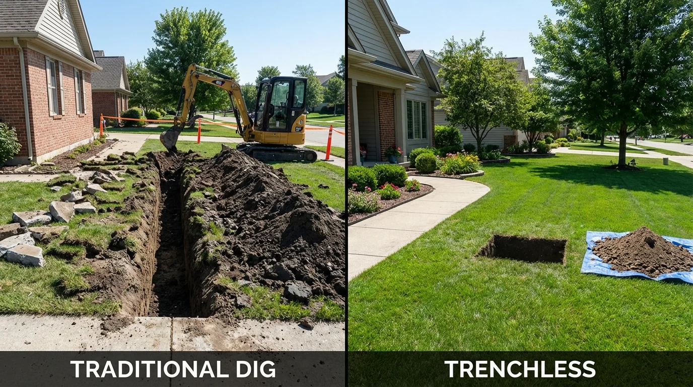 Trenchless sewer repair with minimal yard damage versus traditional excavation in Petersburg, TX