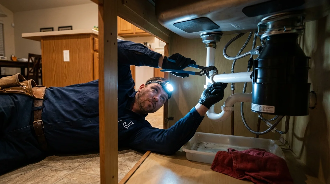 P-trap and supply line connections under a kitchen sink showing a common leak point in Petersburg, TX